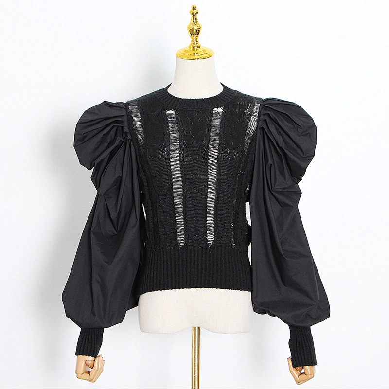 Autumn new style fashion retro puff sleeve tops round neck stitching knit sweater for women