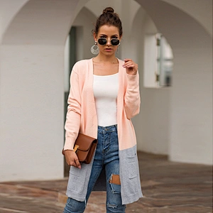 Color Blocking long cardigan casual clothes women sweater