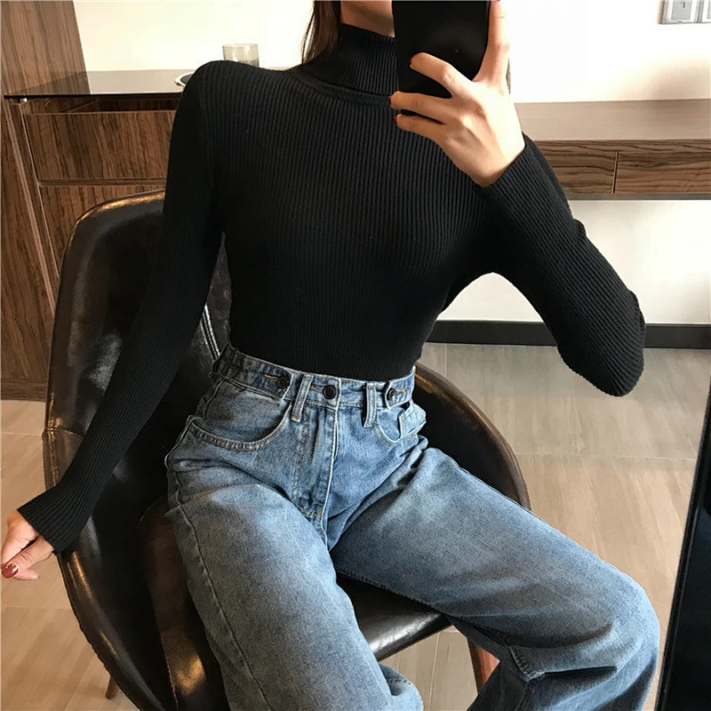 Autumn Winter Sweater Women Knitted Ribbed Pullover Sweater Long Sleeve Turtleneck Slim Jumper Soft Warm Pull Femme