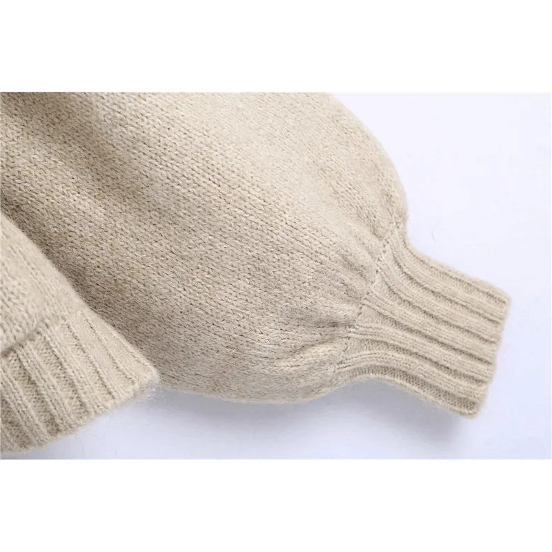 Women Fashion Knitted Cardigan Sweater Vintage Puff Sleeve Loose Tops Blouse