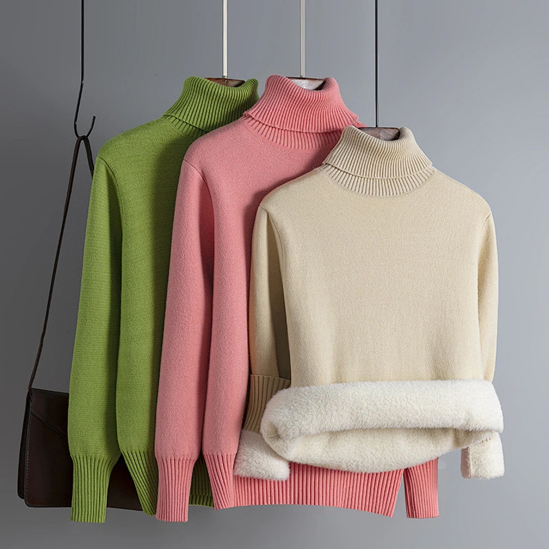 Plus velvet thick long  knitted sweaters women Pure color Slim fashion pullover turtleneck sweaters