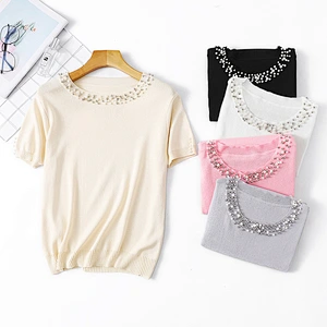 Summer solid color top blouse ladies beaded short sleeve loose round neck pullover knitwear women plus size t shirt