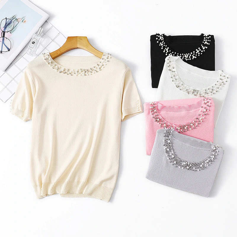 Summer solid color top blouse ladies beaded short sleeve loose round neck pullover knitwear women plus size t shirt