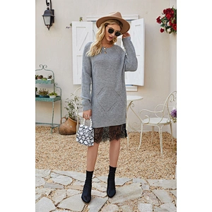 Autumn lace dress round neck knitwear loose solid color long sweater dress