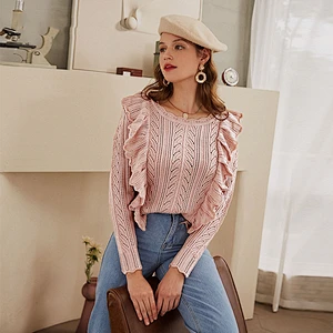 Simplee Knitted sweater women winter Long sleeve ruffled fashion Ladies Hollow pink sweater pullover