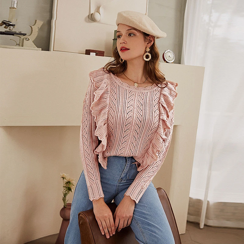 Simplee Knitted sweater women winter Long sleeve ruffled fashion Ladies Hollow pink sweater pullover