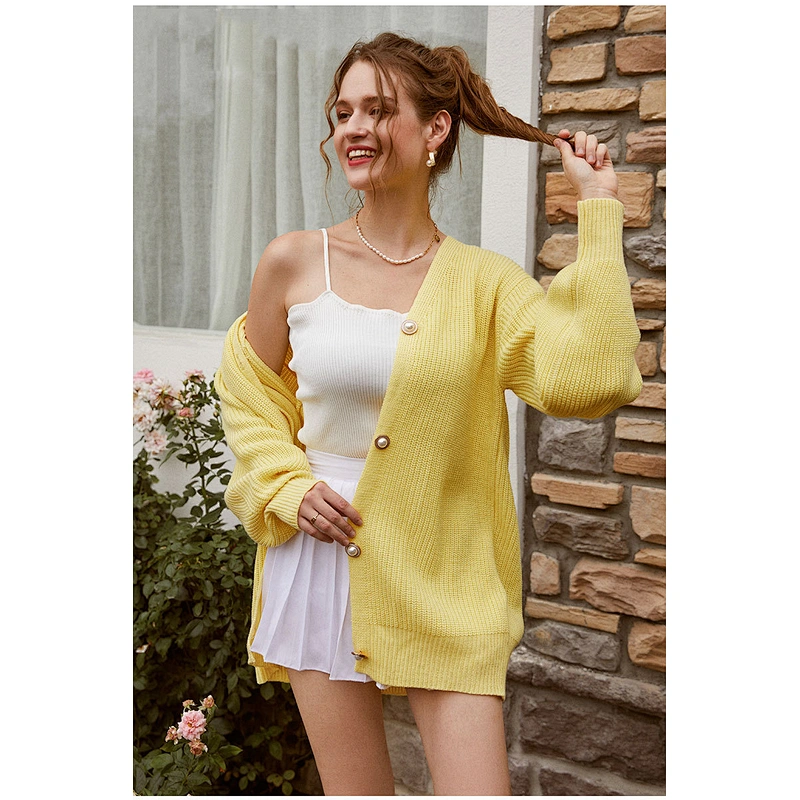 Casual knitted plus size cardigan women winter puff sleeve loose female button knitwear sweaters