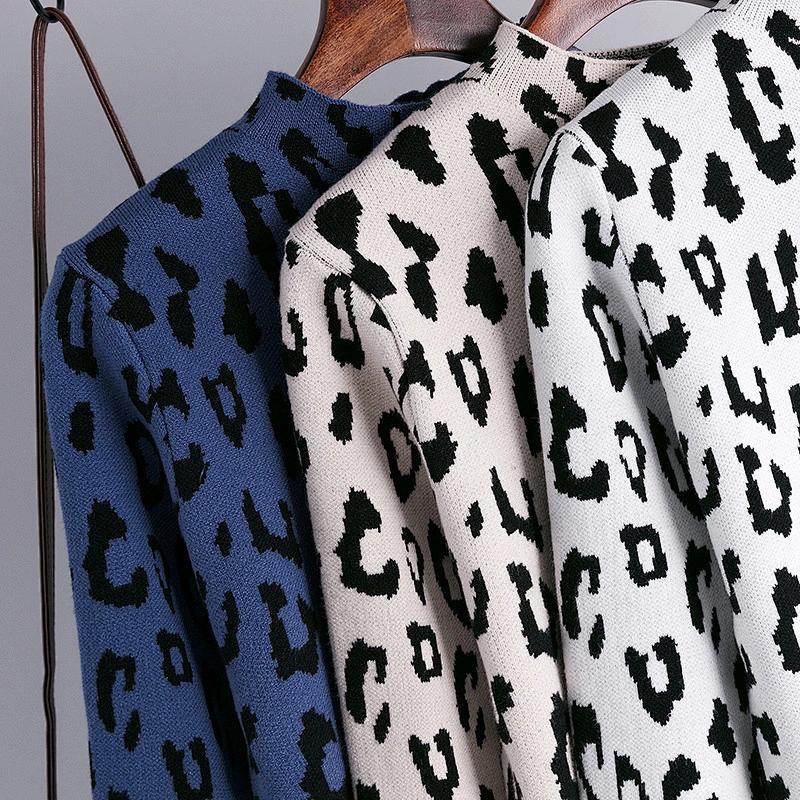 Leopard print high neck pullover sweater Korean top women autumn winter long sleeve loose knit ladies sweaters