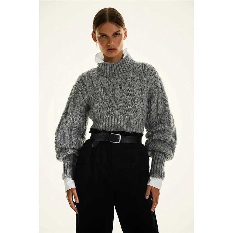Asymmetric Cropped Cable-knit custom turtleneck crop top sweater woman warm Knitted sweater