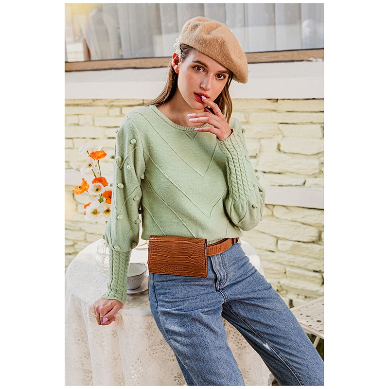 Elegant pompon women long sleeve knitted sweater streetwear ladies green pullover