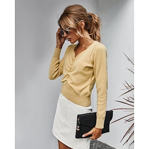 2020 New style fall sweaters for women fashion v-neck pleated knit top simple solid color shirt stock