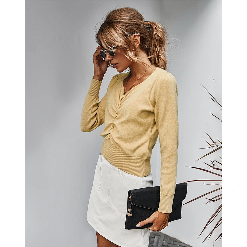 2020 New style fall sweaters for women fashion v-neck pleated knit top simple solid color shirt stock