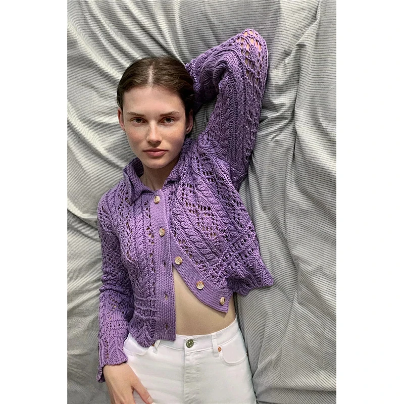 Knitted Cardigan Women Purple Green Sweater Hollow Long sleeve V neck Blouses