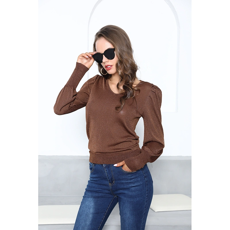 Women clothes fashion puff sleeves sweaters pullover sweaters ladies tops V-neck shirt