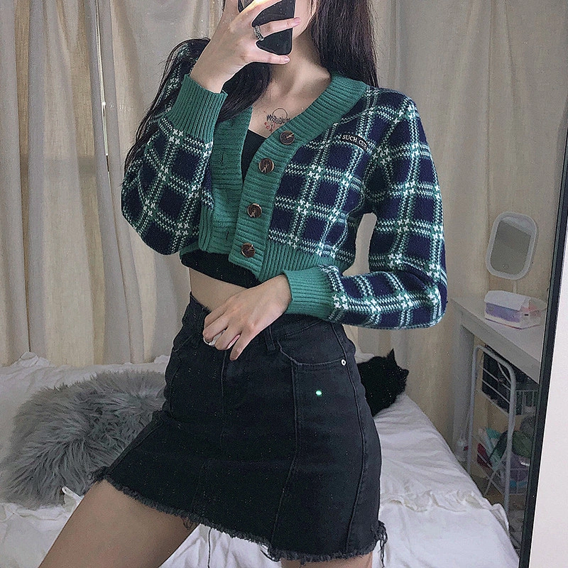 V-neck short cropped button wrap cardigan tops women jacket graphic autumn woman sweater