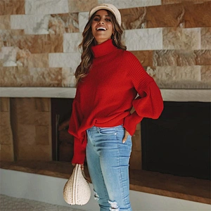 Turtleneck pullover solid color ladies fahion leisure sweater