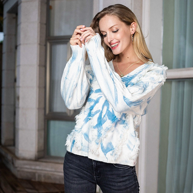 Fall new V-neck pullover knitwear long-sleeved women tie dye casual sweaters