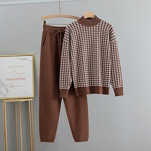 Casual sweaters women 2 piece set high neck plaid knitted girls two piece sweater set