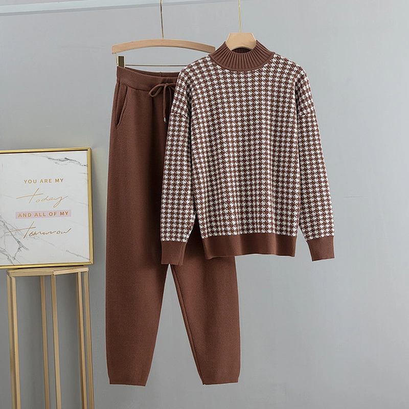 Casual sweaters women 2 piece set high neck plaid knitted girls two piece sweater set