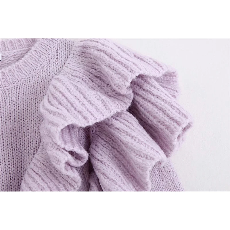 Fall Stylish Ruffles Short Knitted Sweater Women O Neck Sweet Pullovers Chic Tops Blouse