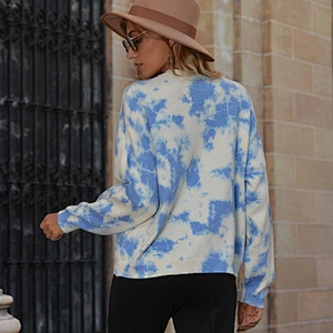 Knit pullover long-sleeved tops blouses blue tie-dye sweater knitwear for ladies