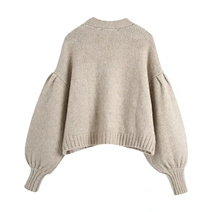 Women Fashion Knitted Cardigan Sweater Vintage Puff Sleeve Loose Tops Blouse