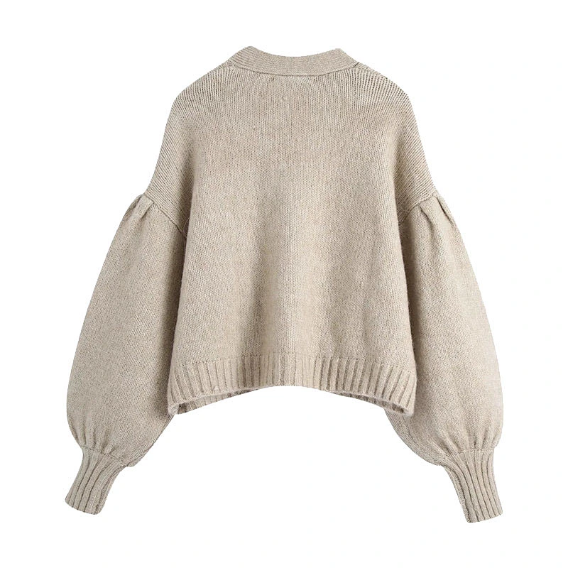 Women Fashion Knitted Cardigan Sweater Vintage Puff Sleeve Loose Tops Blouse