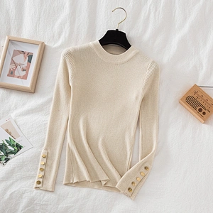 casual autumn winter women thick sweater pullovers long sleeve button o-neck chic Sweater Female Slim knit top soft jumper tops