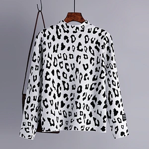 Leopard print high neck pullover sweater Korean top women autumn winter long sleeve loose knit ladies sweaters