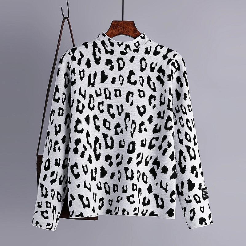 Leopard print high neck pullover sweater Korean top women autumn winter long sleeve loose knit ladies sweaters