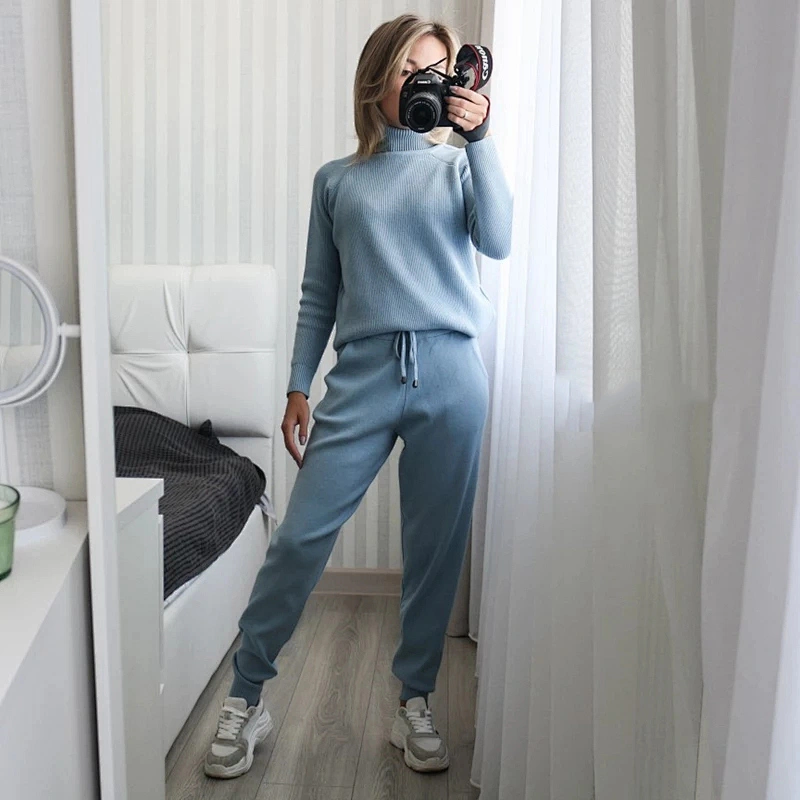 Outwear Pullover sweater pants women set CHIC cotton 2 Pieces Knitted autumn Sweater Set