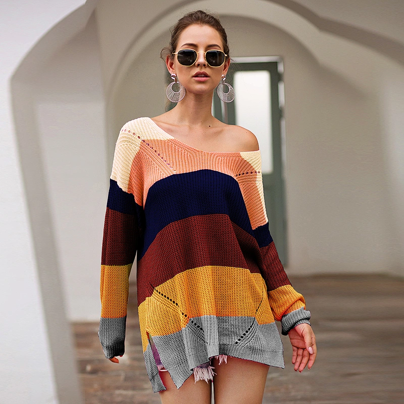 2020 rainbow striped color blocking long sleeve knitted loose pullovers clothes women Casual fashion sweater