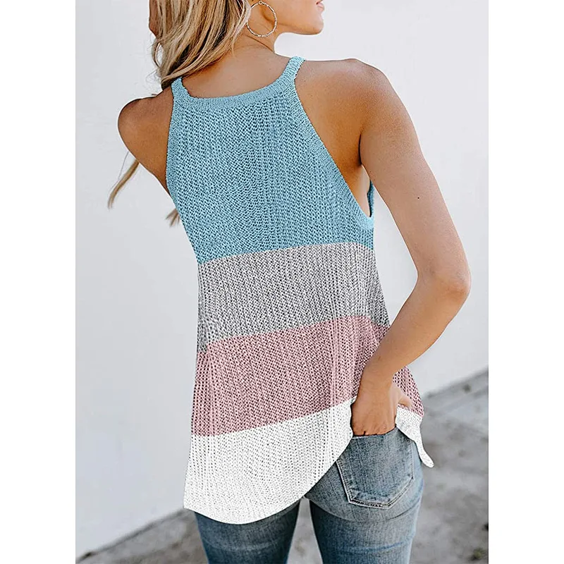 Women's color-block knitted vest halter neck round neck sleeveless knitted top shirt