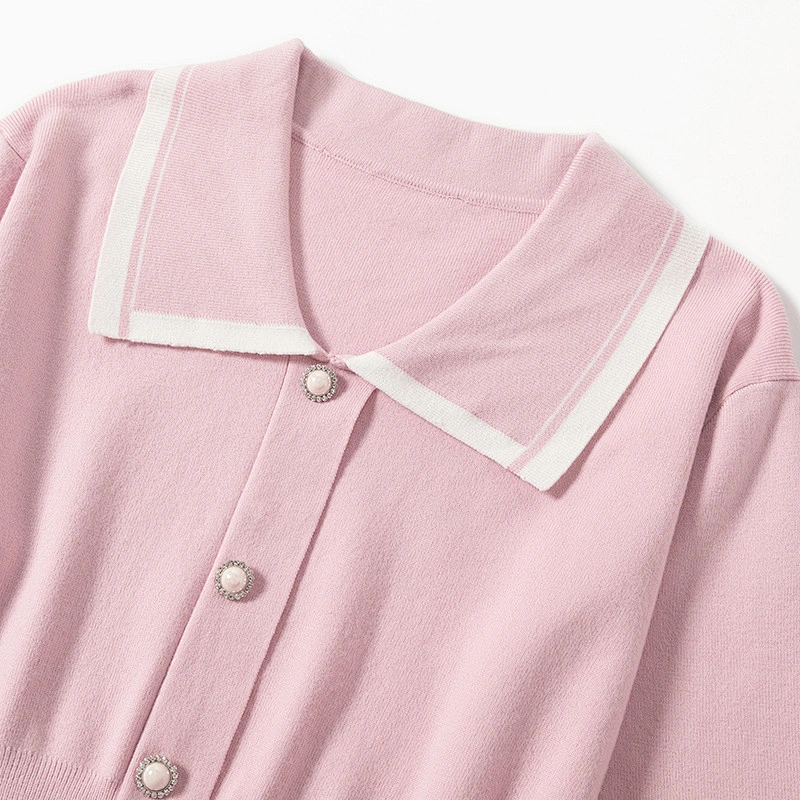 pearl button loose cardigan sweater women long sleeve collar top short jacquard turtleneck knit sweater