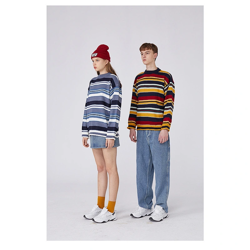 Couple matching clothing designs korean sweaters color unisex knitwear winter stripes o-neck women's wear stripes knitwear