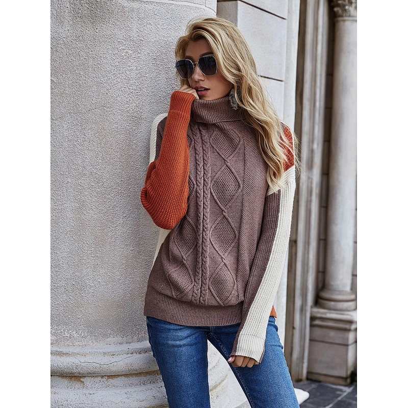 Women turtleneck sweater color block twist pattern custom knit sweater casual apparel stock