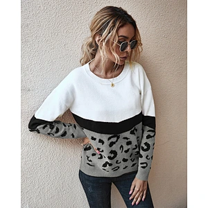 Women sweater trendy stitching leopard knit sweater wholesale hoodie apparel stock sueter mujer