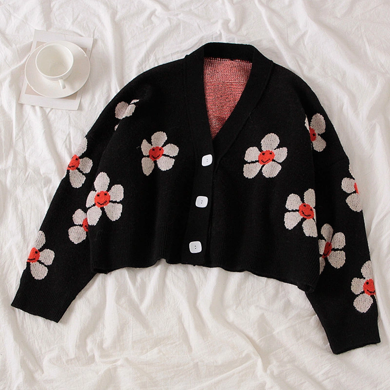 Flower Knit Cardigans Sweater Women V Neck Loose elegant Thickened Pull Print Short Casual Cardigan