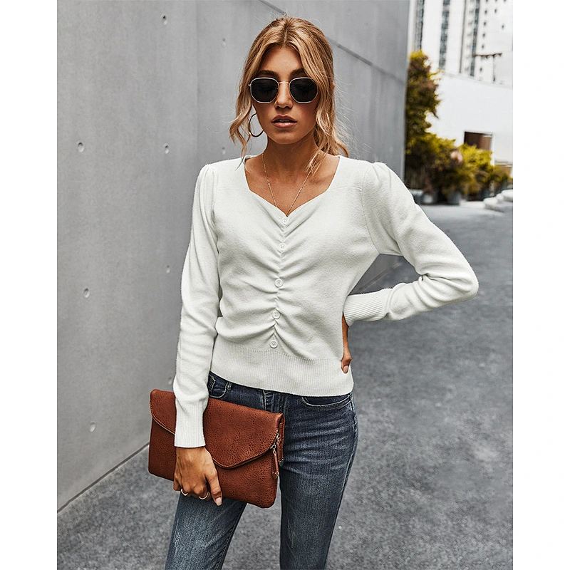 2020 New style fall sweaters for women fashion v-neck pleated knit top simple solid color shirt stock