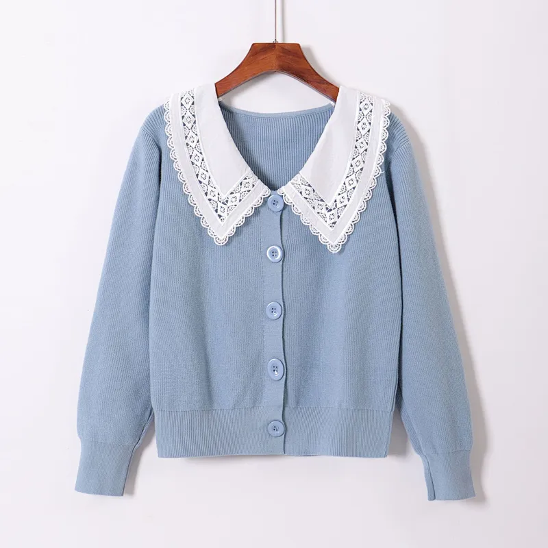 Solid color loose vintage Sweaters knit cardigans blouses turn down collar women spring autumn sweater