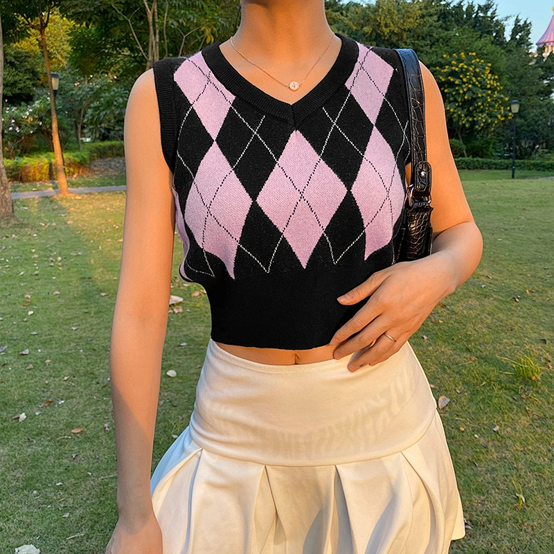 Courtyard diamond plaid jumpers sweater shirt short cropped top women's vest sweater
