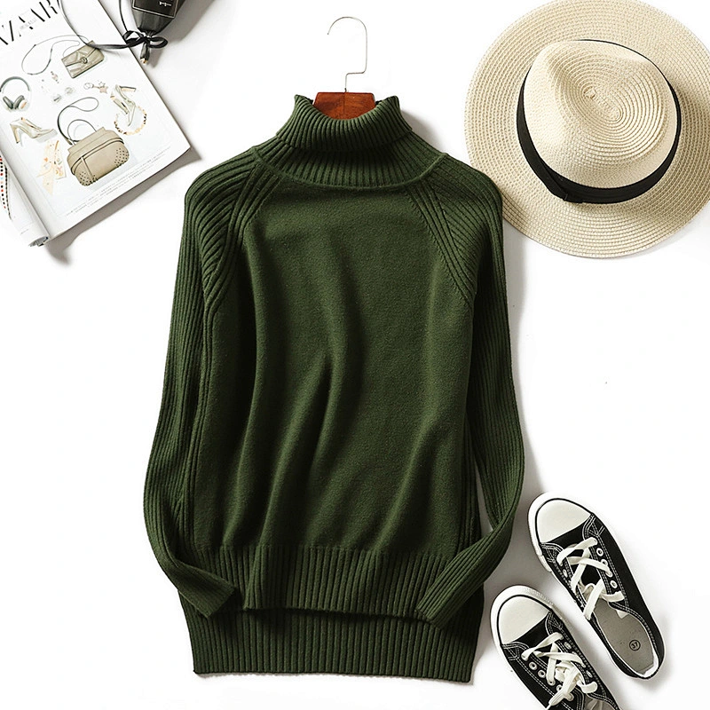 Thick 12GG women pullover long sleeve knitwear turtleneck side slit casual sweater