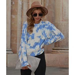 Knit pullover long-sleeved tops blouses blue tie-dye sweater knitwear for ladies