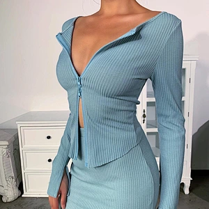 Fashion clothing for women sexy crop top two-way zipper knit shirt long sleeve crop top apparel stock mujer