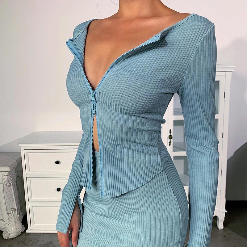 Fashion clothing for women sexy crop top two-way zipper knit shirt long sleeve crop top apparel stock mujer