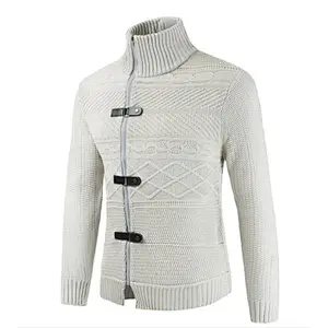 New Knitted Coatdigan Leather Button Neck Long Sleeve Cardigan Men Sweaters