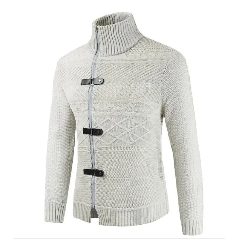 New Knitted Coatdigan Leather Button Neck Long Sleeve Cardigan Men Sweaters