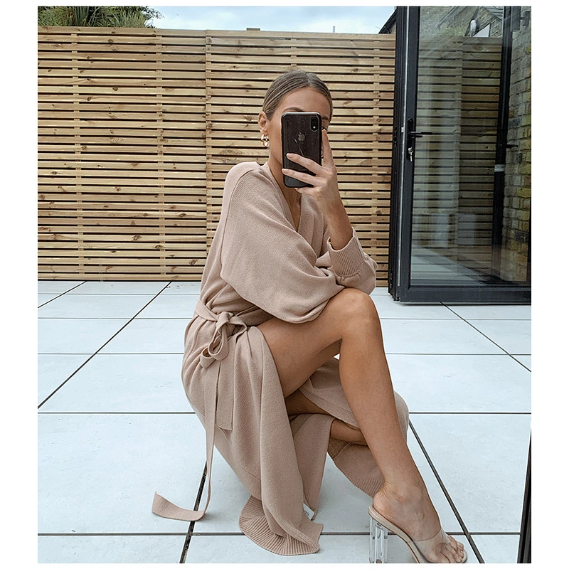 Women custom pajamas plain long sleeve sweater cardigan coats for women one piece set knit sweater