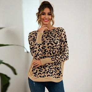 Women Winter Plus Size Long Sleeve Loose Casual Fashion Sweater Leopard Pullover O Neck Soft Knitted Sweater Design For Ladies