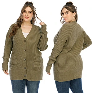 Fall thickened pocket jacket button fashion plus size sweater cardigan for women